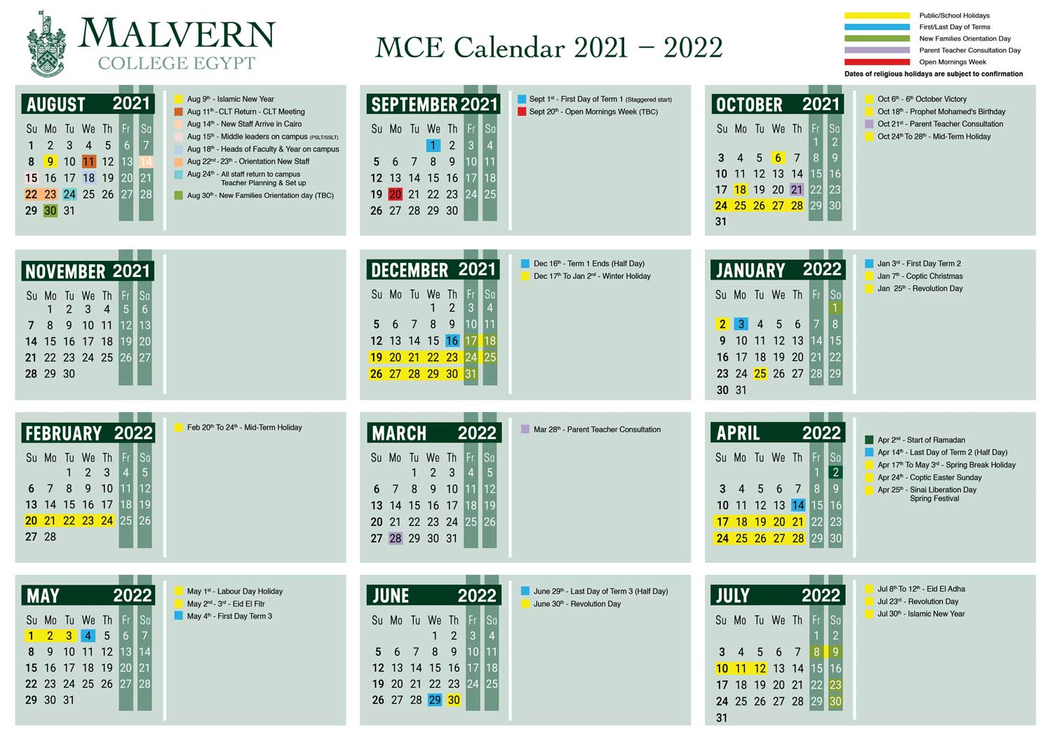 MCE Calendar 2021/2022 (Provisional Calendar)